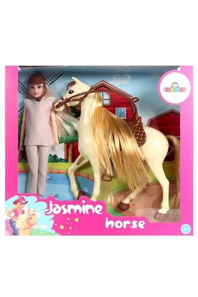 OYUNCAK STORE Güzeli Bir Jokey Kız Jasmine Model Bebek ve Krem Sarı At