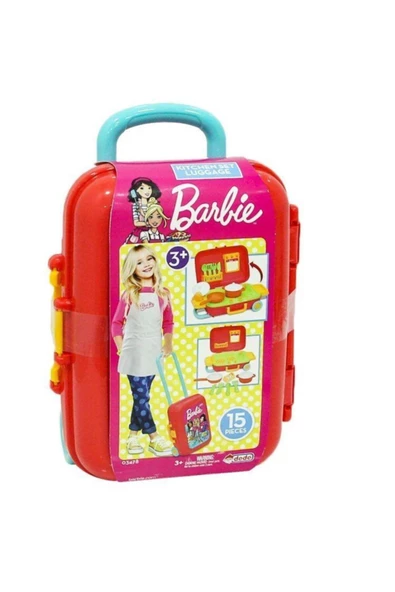 Barbie Kız Çocuk Oyuncak Mutfak Seti Tencere Tava Çatal Kaşık 15 Parça Çekçekli Tekerlekli Bavulum - 1