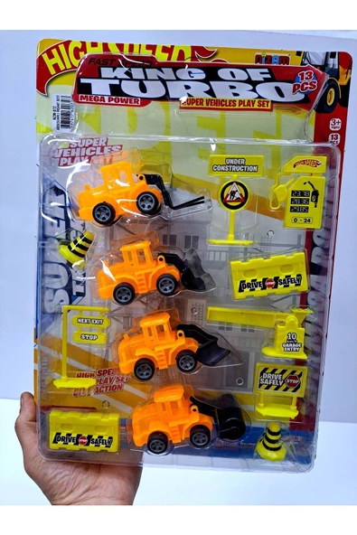 OYUNCAK STORE 13 parça İnşaat Seti Aracı kar küreyici asfalt silindiri dozer forklift benzin istasyonu 40x27cm
