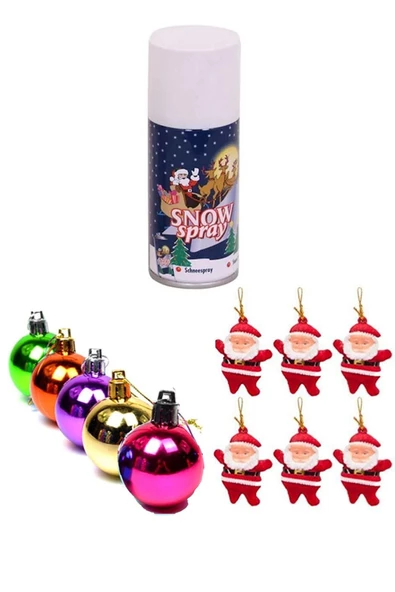 OYUNCAK STORE Yılbaşı Çam Ağacı Süsü Seti: 6lı Noel Baba Süs - 1 Erimeyen Kar Spreyi - 6 Kırmızı Cici Top Süs 4cm