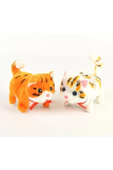 Halley Peluş Oyuncak Beyaz Turuncu Renk Yürüyen Miyavlayan Kedi Işıklı Sesli Hareketli Peluş Kedi
