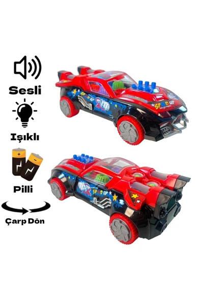 OYUNCAK STORE Işıklı Müzikli Pilli Çarp Dön Dişli Şeffaf Yarış Arabası