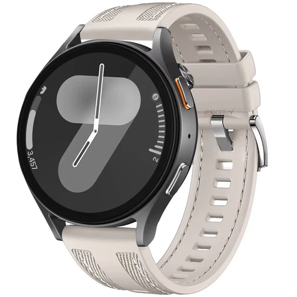 Sneezy Samsung Galaxy Watch 7 44mm 40mm Uyumlu Metal Tokalı Dikiş Detaylı Şık Dokuma Silikon Kordon  Starlight