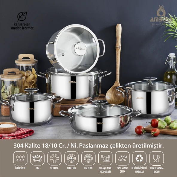 10 Parça Cool İndüksiyon Uyumlu Paslanmaz Çelik Tencere Seti