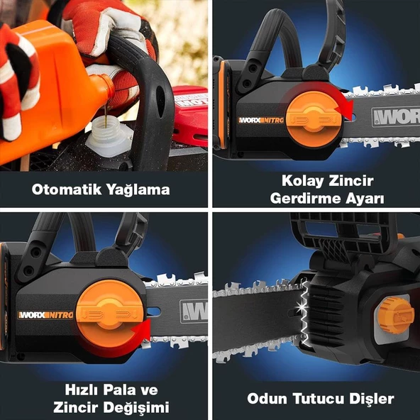 WORX WG350E 20Volt 4.0Ah Li-ion 30CM Profesyonel Şarjlı Kömürsüz Zincirli Testere - 12