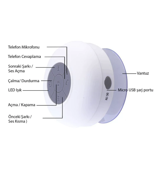 Su Geçirmez Şarjlı Mini Bluetooth Duş Hoparlörü Beyaz Renk - 2