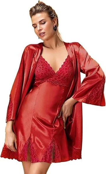 Nurteks Kadın Bordo Dantel Detaylı Saten Gecelik Sabahlık 2 Li Kimono Takım 5325 ürün görseli