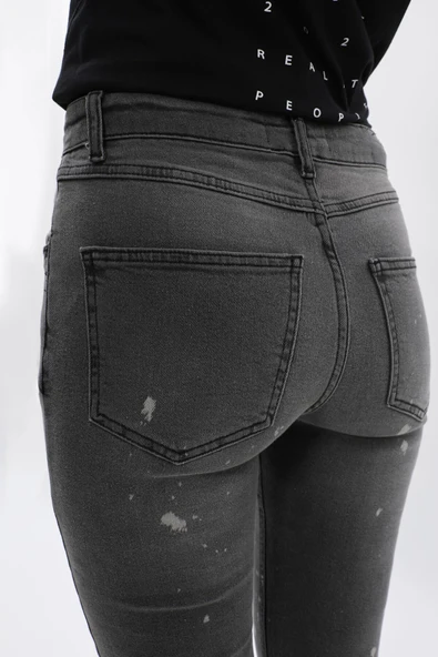 Kadın Yüksek Bel Skinny Fit Dar Paça Benekli Gri Jean Pantolon - 8