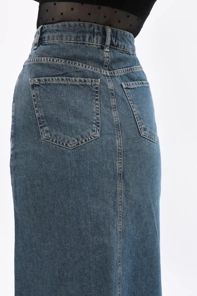 Kadın Regular Fit Düğmeli Jean Etek - 8