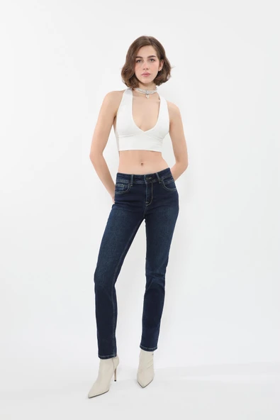 Kadın Likralı Lacivert Düz Jean Pantolon - Resim 3