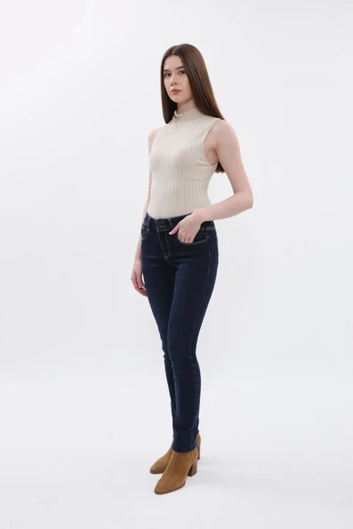 Kadın Çift Düğmeli Düz Jean Pantolon - Resim 3