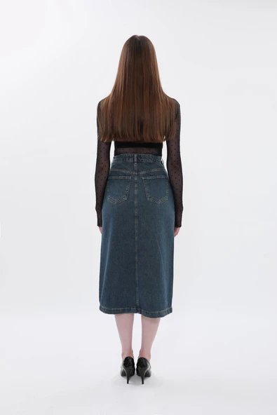 Kadın Regular Fit Düğmeli Jean Etek - 7