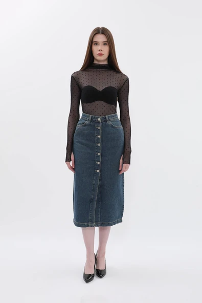 Kadın Regular Fit Düğmeli Jean Etek - 4