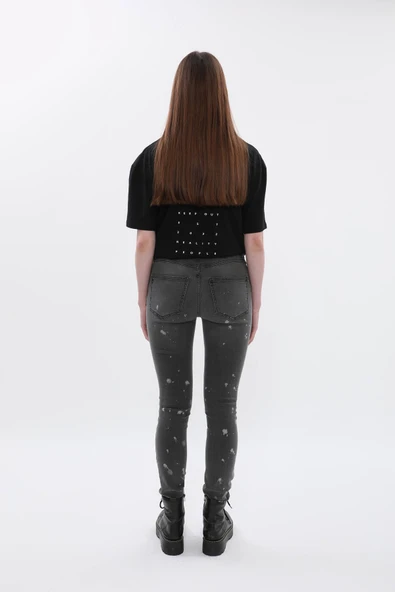 Kadın Yüksek Bel Skinny Fit Dar Paça Benekli Gri Jean Pantolon - 6