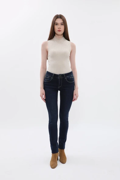 Kadın Çift Düğmeli Düz Jean Pantolon - Resim 4