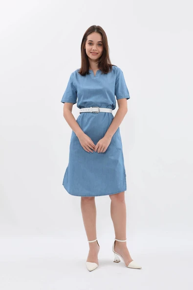 Kaçık Yaka Düz Kısa Kollu Jean Elbise - 4