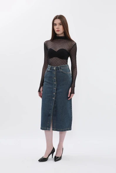 Kadın Regular Fit Düğmeli Jean Etek - 3