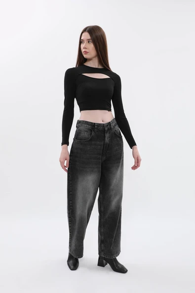Kadın İspanyol Paça Yüksek Bel Jean Pantolon Antrasit ürün görseli 1