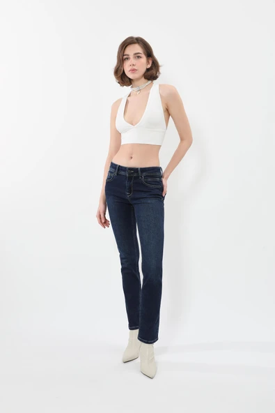 Kadın Likralı Lacivert Düz Jean Pantolon - Resim 2