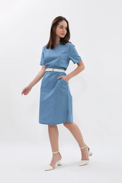 Kaçık Yaka Düz Kısa Kollu Jean Elbise - 3