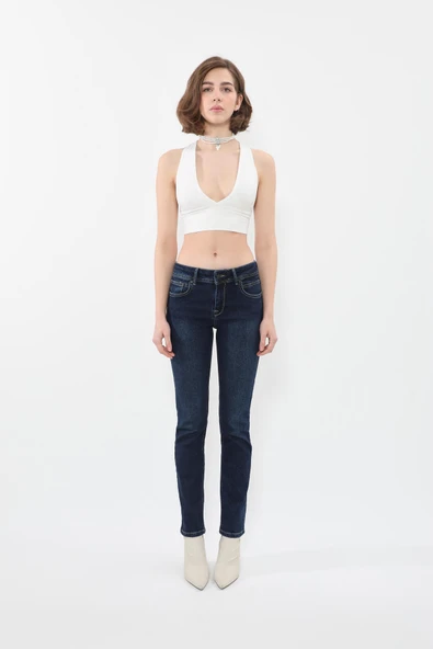 Kadın Likralı Lacivert Düz Jean Pantolon - Resim 5