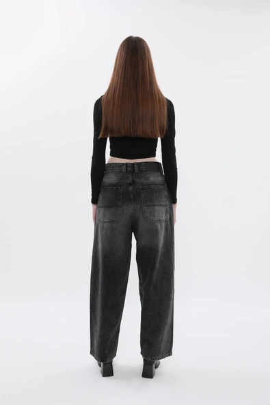 Kadın İspanyol Paça Yüksek Bel Jean Pantolon Antrasit - Resim 3