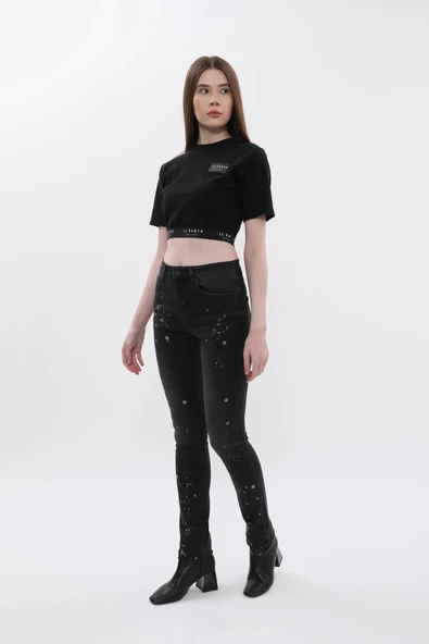 Kadın Yüksek Bel Skinny Fit Dar Paça Benekli Füme Jean Pantolon - 2