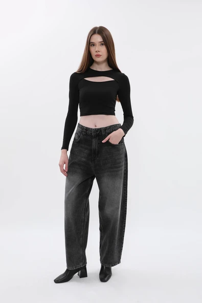 Kadın İspanyol Paça Yüksek Bel Jean Pantolon Antrasit - Resim 2