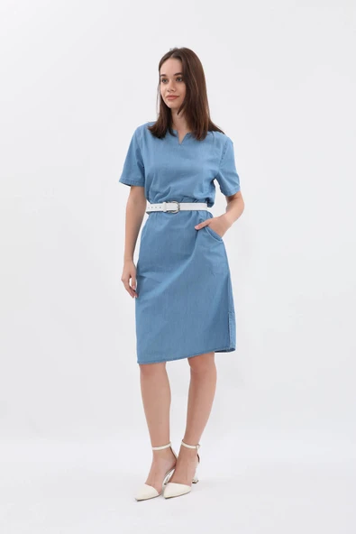 Kaçık Yaka Düz Kısa Kollu Jean Elbise - 6