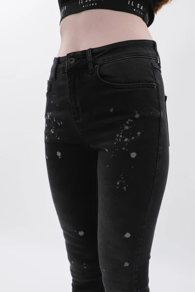 Kadın Yüksek Bel Skinny Fit Dar Paça Benekli Füme Jean Pantolon - 8