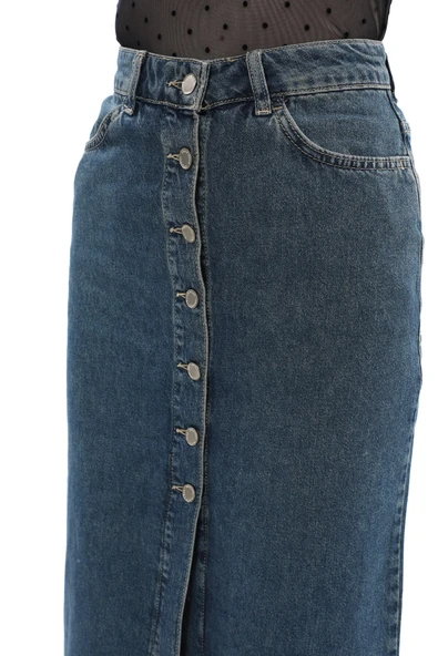 Kadın Regular Fit Düğmeli Jean Etek - 9