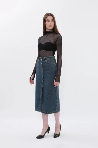 Kadın Regular Fit Düğmeli Jean Etek - 2