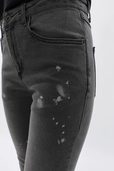 Kadın Yüksek Bel Skinny Fit Dar Paça Benekli Gri Jean Pantolon - 7