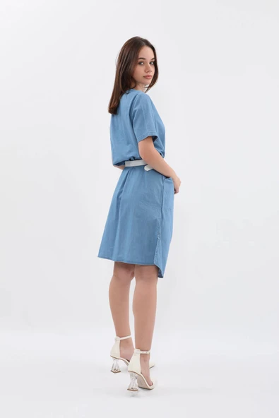 Kaçık Yaka Düz Kısa Kollu Jean Elbise - 7