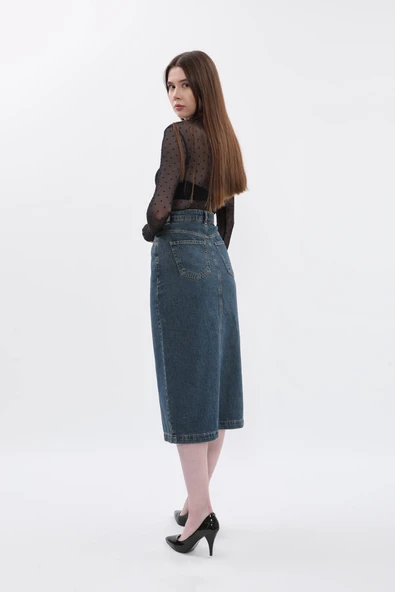 Kadın Regular Fit Düğmeli Jean Etek - 6