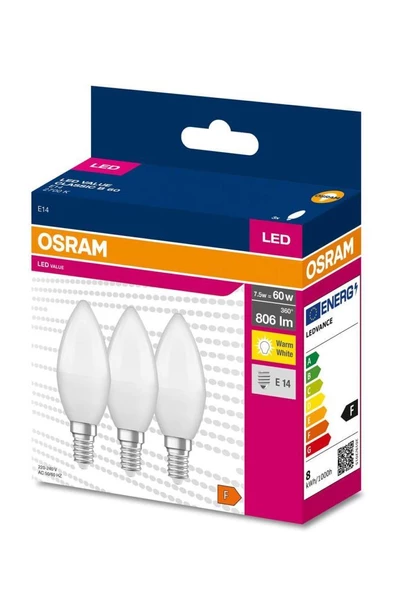 Osram Ledvalue 7,5W (60W) 3 lü Led Mum Ampul Sarı - 2700K E14