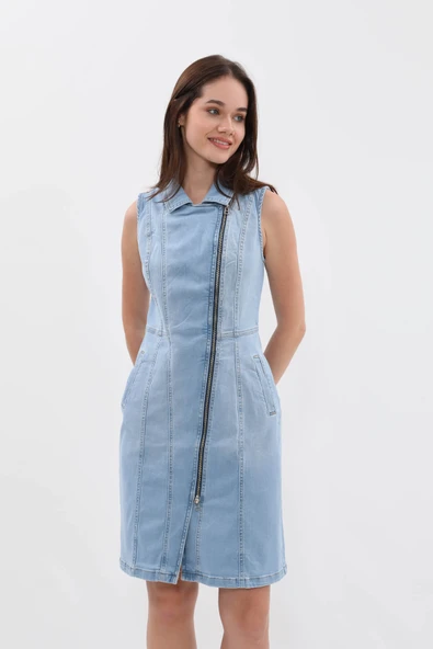 Kadın Açık Mavi Fermuarlı Jean Elbise - 2