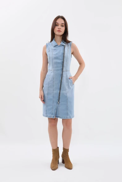 Kadın Açık Mavi Fermuarlı Jean Elbise