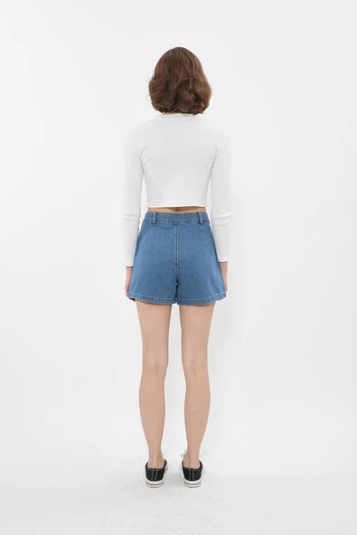 Kadın Yüksek Bel Cepli Mavi Jean Şort - 4