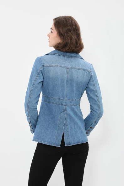 Kadın Uzun Kollu Tek Düğmeli Jean Ceket Açık Mavi - 6