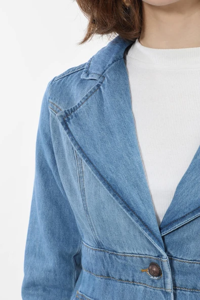 Kadın Uzun Kollu Tek Düğmeli Jean Ceket Açık Mavi - 8