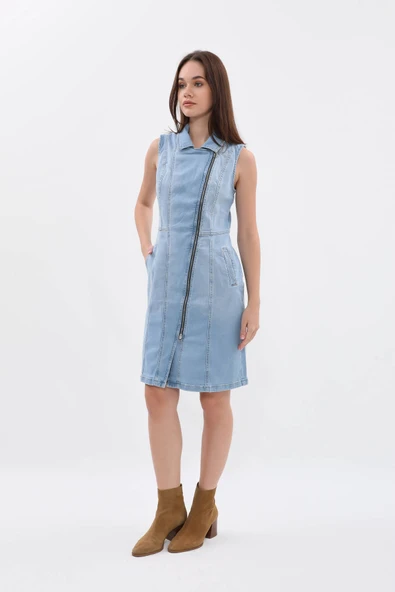 Kadın Açık Mavi Fermuarlı Jean Elbise - 9