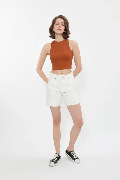 Kadın Yüksek Bel Ekru Jean Şort - 2