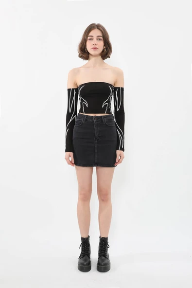 Kadın Likralı Antrasit Mini Jean Etek - 6