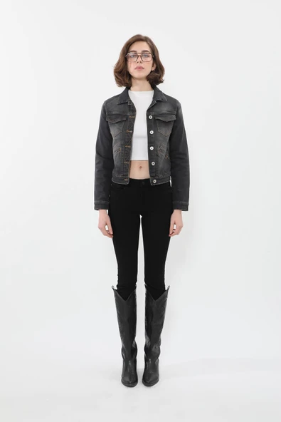 Kadın Cep Detaylı Slim Fit Koyu Gri Jean Ceket - 4