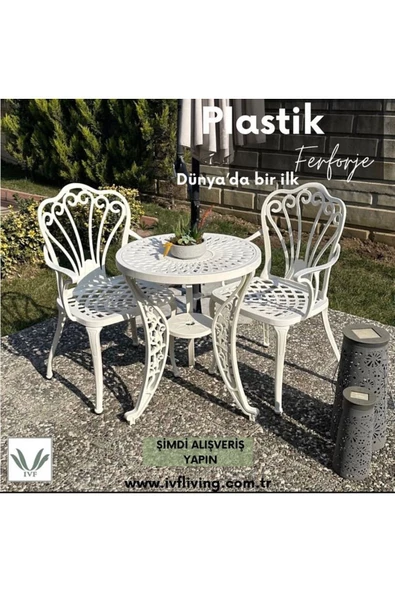 IVF Istanbul Model Ferforje Görünümlü 60 Cm Çap Plastik Masa Ve Sandalye Balkon Takım 2 Sandalye 1 Masa