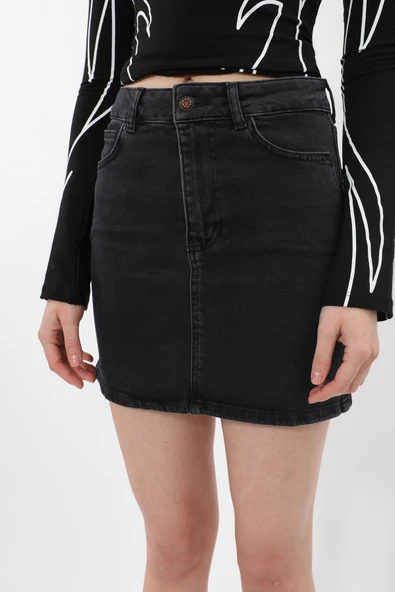 Kadın Likralı Antrasit Mini Jean Etek - 8