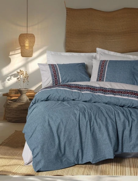 Cotton Box Folk Art Çift Kişilik Nevresim Takımı Polku Gri ürün görseli 1