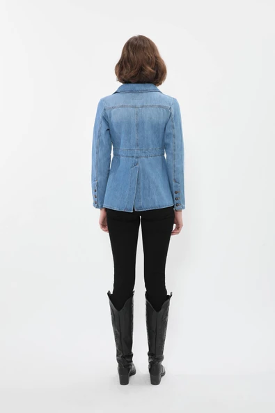 Kadın Uzun Kollu Tek Düğmeli Jean Ceket Açık Mavi - 5