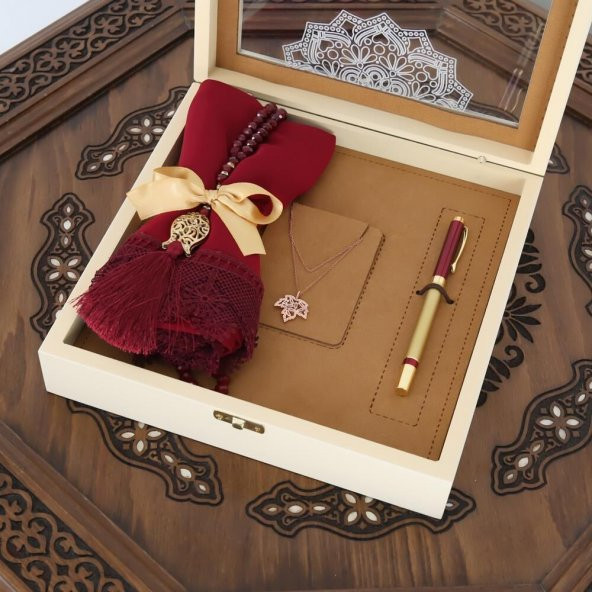 Anneler Günü Hediyesi Bordo Şal, Kristal Tesbih, Kalem, Kolye, Ahşap Kutulu Set - 2